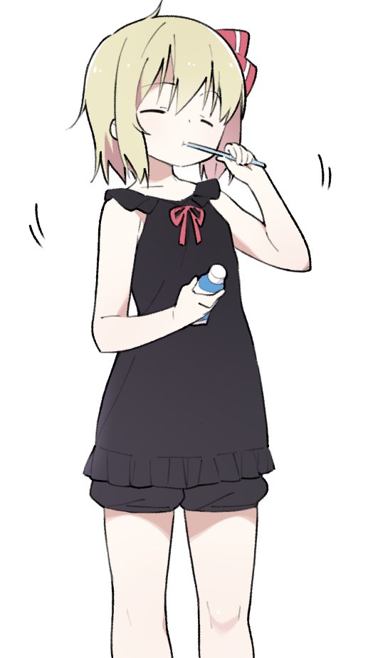 1girl :t alternate_costume blonde_hair brushing_teeth closed_eyes closed_mouth clothing_request commentary_request cowboy_shot hair_ribbon hands_up holding holding_toothbrush kt_kkz motion_lines neck_ribbon nightgown pajamas red_ribbon ribbon rumia short_hair sidelocks simple_background solo toothbrush toothbrush_in_mouth toothpaste touhou white_background