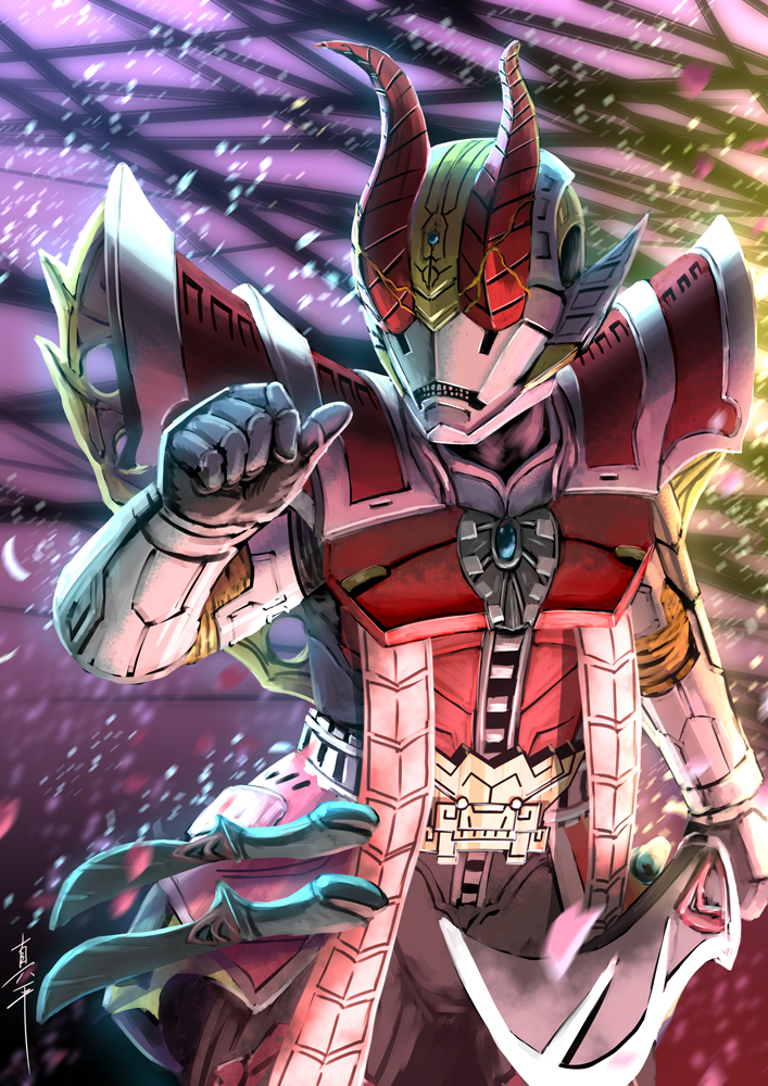 1boy another_den-o another_rider_(zi-o) armor black_gloves black_pants clenched_teeth creature gloves horns kamen_rider kamen_rider_zi-o_(series) monster multiple_swords no_eyes pants pose red_armor red_horns sheath sheathed shinpei_(shimpay) shoulder_armor solo sparks sword teeth weapon white_armor