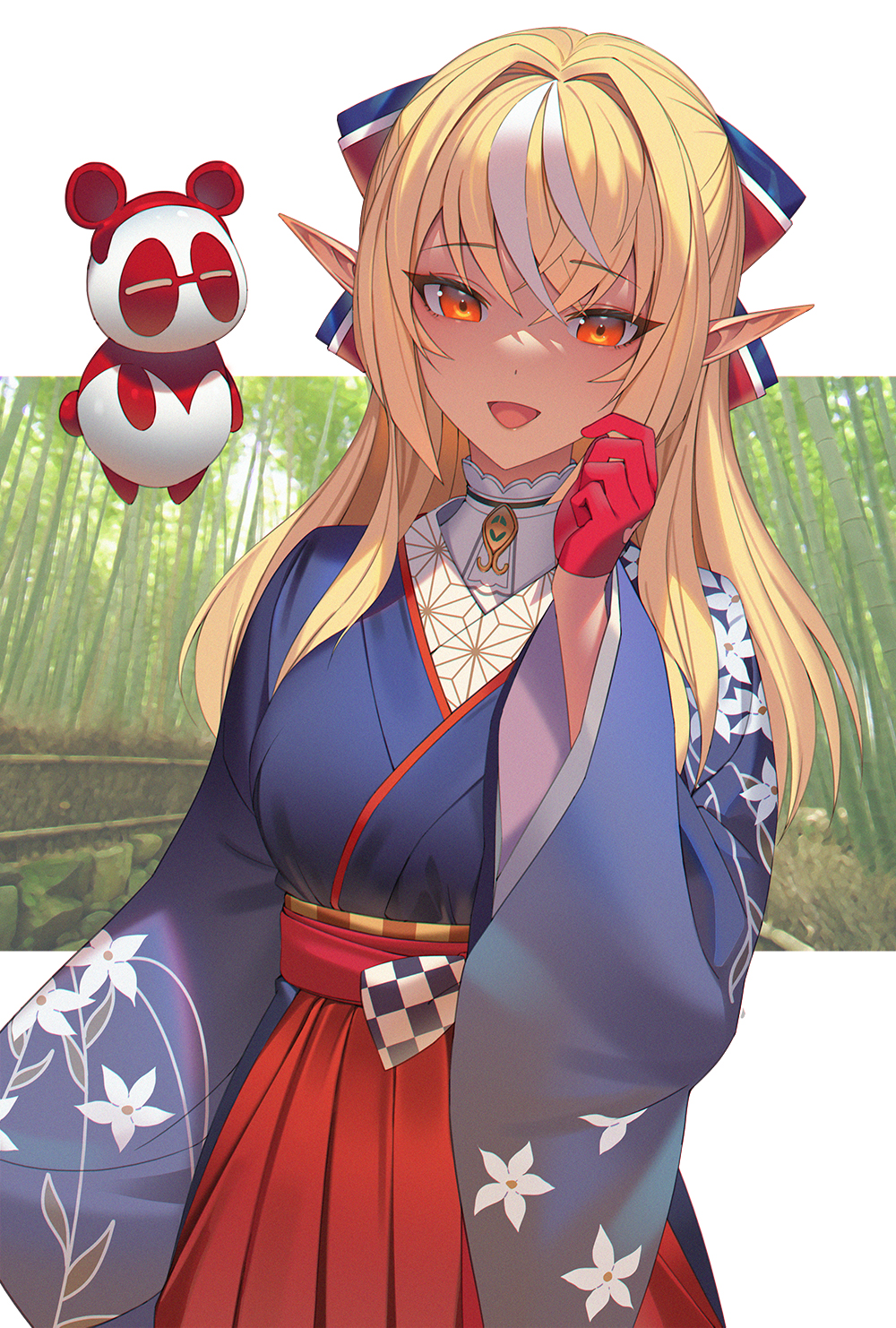 1girl blonde_hair breasts cowboy_shot dark_elf elf eyebrows_visible_through_hair gbvpg gloves hair_between_eyes highlights highres hololive japanese_clothes kimono kintsuba_(shiranui_flare) long_hair looking_at_viewer medium_breasts multicolored_hair open_mouth orange_eyes pointy_ears ponytail shiranui_flare smile solo two-tone_hair virtual_youtuber white_hair