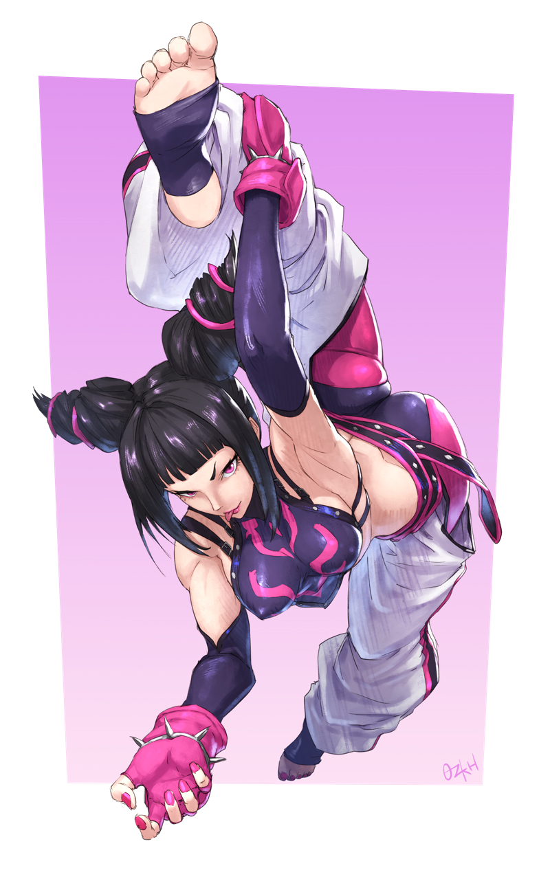 1girl ass black_hair breasts commentary drill_hair feet han_juri highres leg_lift medium_breasts nail_polish ozkh6 pink_background pink_eyes signature solo street_fighter street_fighter_iv_(series) toes tongue tongue_out twin_drills