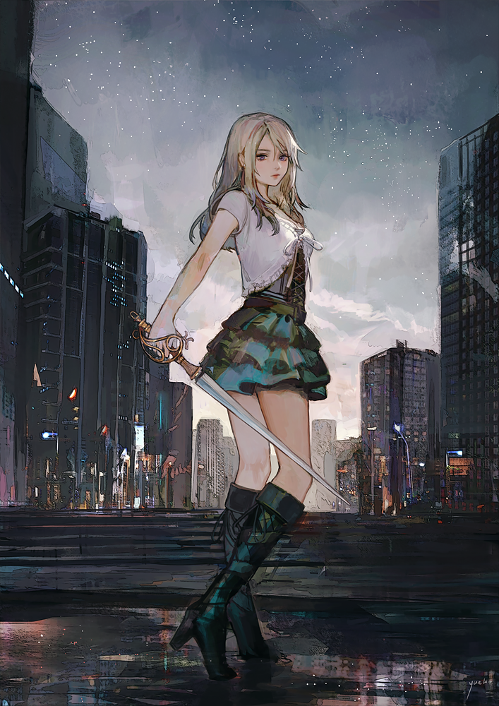 1girl black_footwear black_ribbon blonde_hair boots breasts city city_lights commentary earrings english_commentary eyebrows_visible_through_hair final_fantasy final_fantasy_xv frilled_skirt frills green_skirt hair_between_eyes holding holding_sword holding_weapon jacket jewelry lips long_hair looking_at_viewer miniskirt night night_sky outdoors reflection ribbon signature skirt sky solo star_(sky) starry_sky stella_nox_fleuret sword violet_eyes weapon white_jacket white_ribbon yueko_(jiayue_wu)