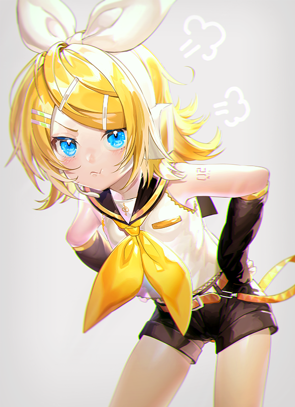 1girl =3 angry arm_warmers bangs bare_shoulders black_collar black_sleeves blonde_hair blue_eyes bow collar commentary cowboy_shot crop_top detached_sleeves grey_background hair_bow hair_ornament hairclip hands_on_hips headphones headset kagamine_rin leaning_forward looking_at_viewer making-of_available neckerchief pouty_lips sailor_collar sawashi_(ur-sawasi) school_uniform shirt short_hair short_shorts shorts shoulder_tattoo sleeveless sleeveless_shirt solo standing swept_bangs tattoo treble_clef v-shaped_eyebrows vocaloid white_bow white_shirt yellow_neckwear