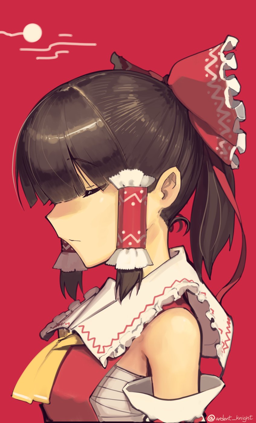 1girl ascot bare_shoulders boa_(brianoa) bow brown_hair closed_eyes closed_mouth from_side hair_bow hair_tubes hakurei_reimu highres ponytail profile red_background red_bow simple_background solo touhou twitter_username upper_body yellow_neckwear