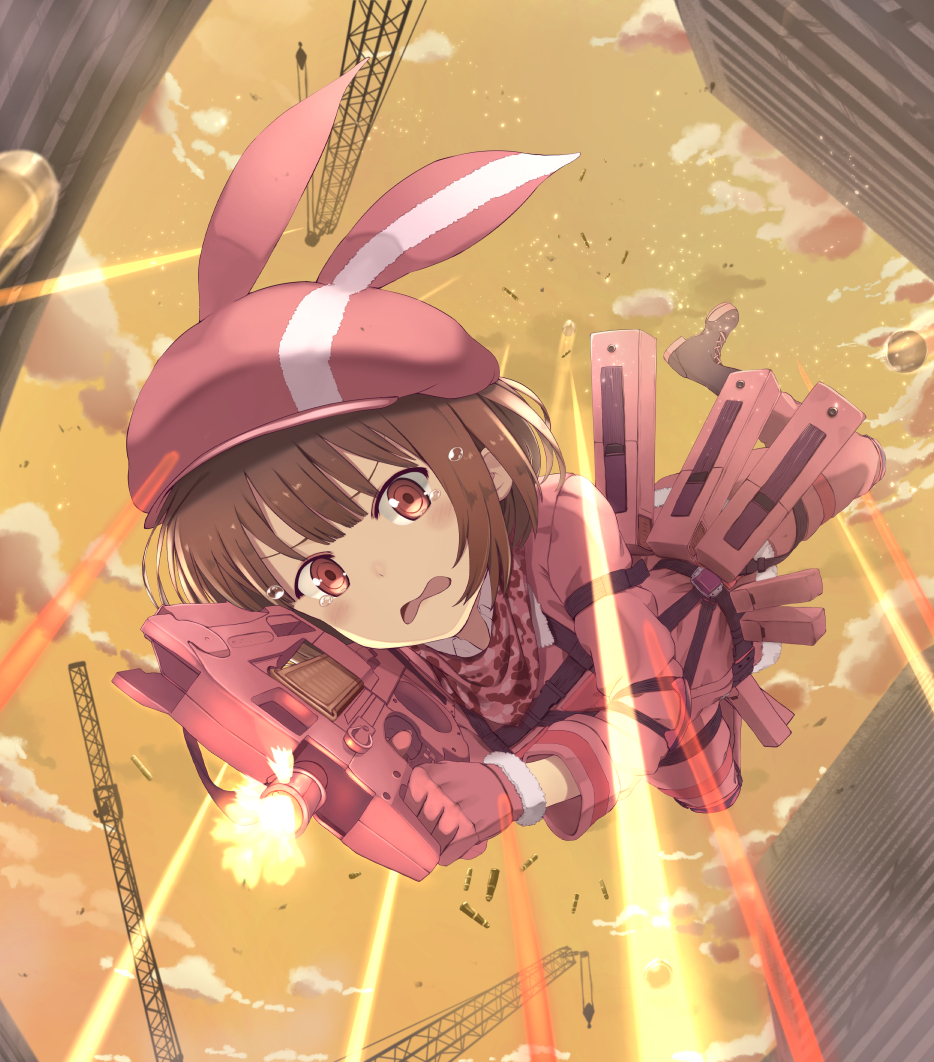 1girl animal_hat battle brown_hair building bullet bullet_line bullpup bunny_hat clouds cloudy_sky commentary_request crane_(machine) firing fur-trimmed_gloves fur-trimmed_jacket fur_trim gloves gun hat jacket llenn_(sao) open_mouth outdoors p-chan_(p-90) p90 pants piisu pink_eyes pink_gloves pink_headwear pink_jacket pink_pants short_hair sky submachine_gun sword_art_online sword_art_online:_fatal_bullet sword_art_online_alternative:_gun_gale_online tears weapon