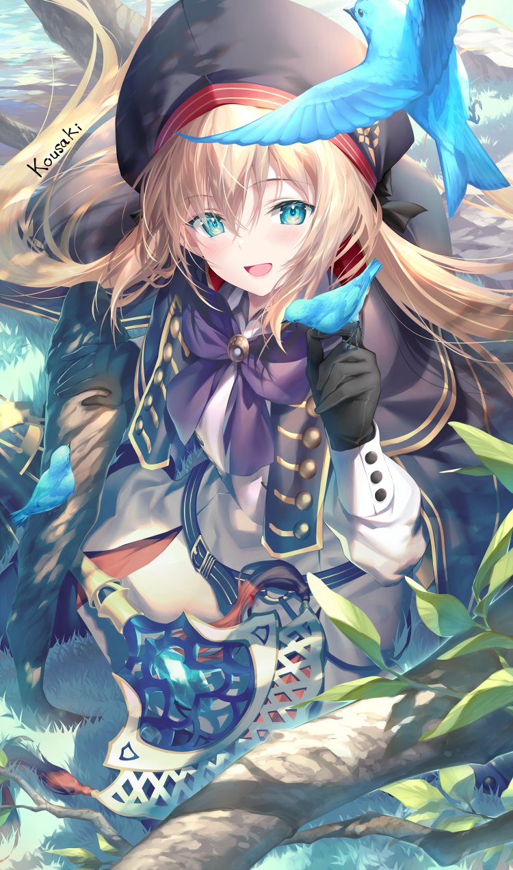 1girl artoria_pendragon_(all) artoria_pendragon_(caster) bangs belt beret bird black_gloves blue_belt blue_cape blue_headwear blush breasts buttons cape double-breasted dress fate/grand_order fate_(series) gloves hat highres kousaki_rui long_hair long_sleeves looking_at_viewer open_mouth small_breasts smile twintails white_dress