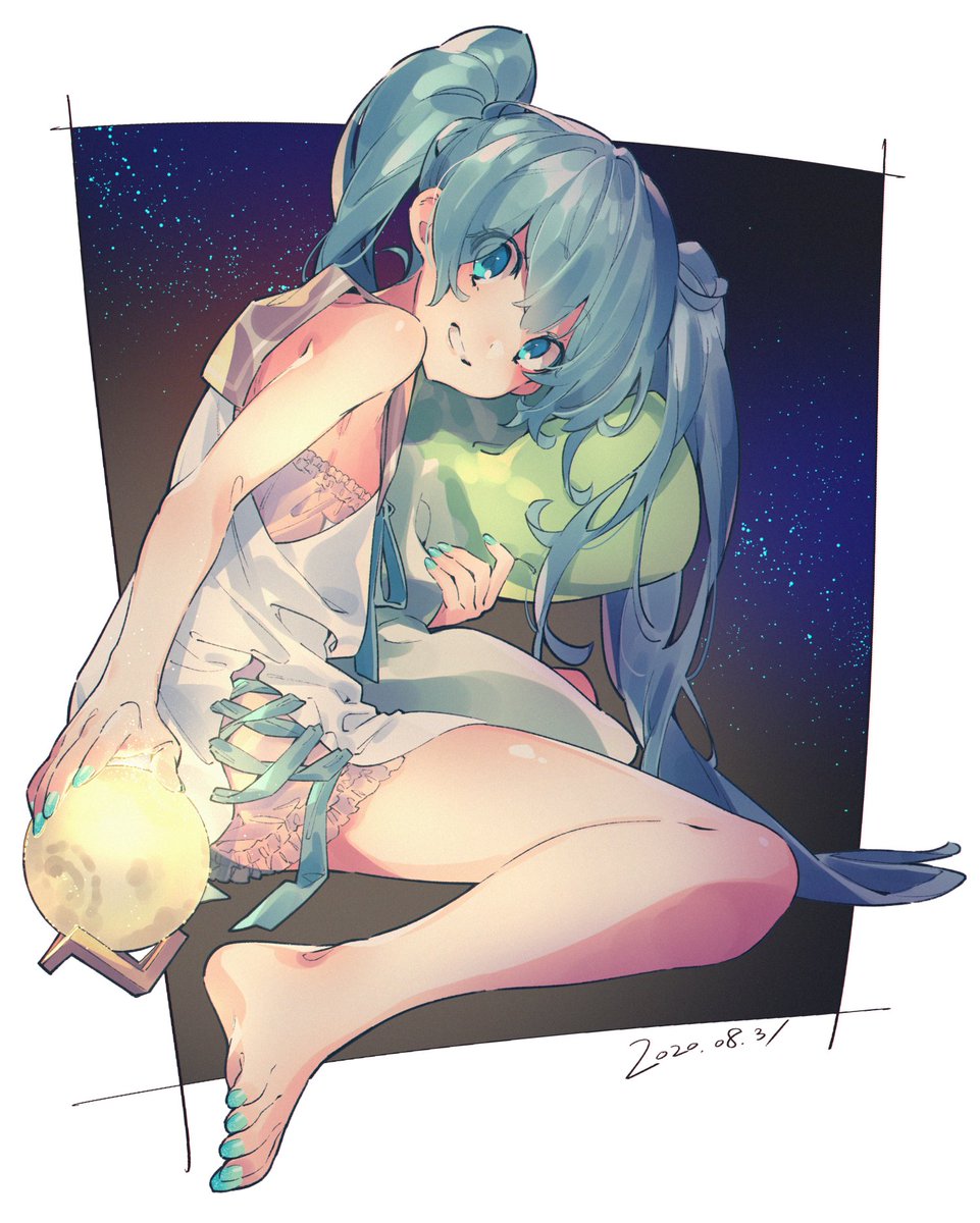 1girl bad_id bad_twitter_id blue_eyes blue_hair blue_nails dated dress eyes_visible_through_hair fingernails from_side full_body hatsune_miku head_tilt highres holding holding_pillow long_hair looking_at_viewer looking_to_the_side nail_polish pillow smile solo toenail_polish twintails very_long_hair vocaloid westxost_(68monkey) white_dress