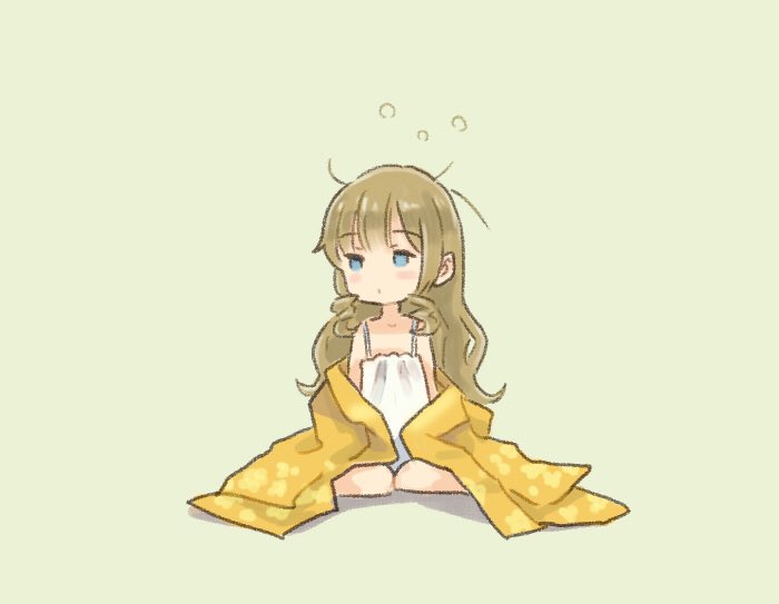 1girl alternate_costume alternate_hairstyle brown_hair camisole commentary_request drill_hair full_body hair_down hatakaze_(kantai_collection) kantai_collection long_hair looking_to_the_side messy_hair otoufu sitting sleepy solo wariza yellow_robe