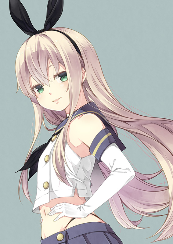1girl black_hairband black_panties blonde_hair blue_sailor_collar commentary_request crop_top elbow_gloves gloves green_eyes grey_background hairband highleg highleg_panties kantai_collection kouji_(campus_life) long_hair microskirt miniskirt panties pleated_skirt sailor_collar shimakaze_(kantai_collection) simple_background skirt solo underwear white_gloves