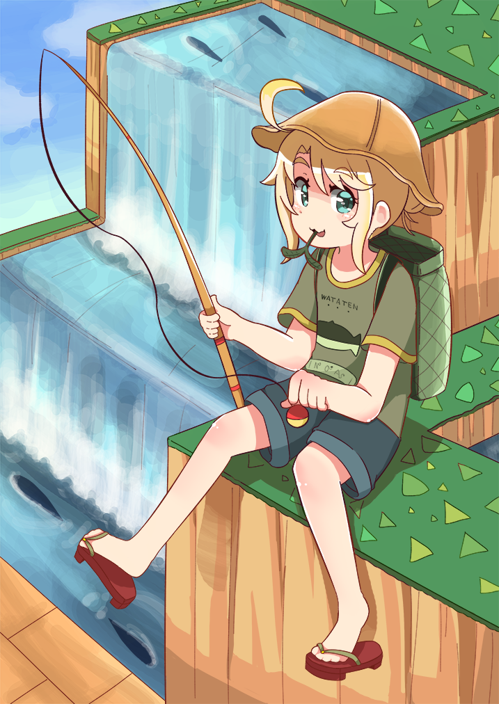 1girl :3 ahoge backpack bag bangs blonde_hair commentary_request eyebrows_visible_through_hair fish fishing_line fishing_lure fishing_rod flip-flops green_eyes green_shirt hat himesaka_noa holding holding_fishing_rod looking_at_viewer mitsukiro sandals shirt short_sleeves shorts solo thick_eyebrows watashi_ni_tenshi_ga_maiorita! water waterfall