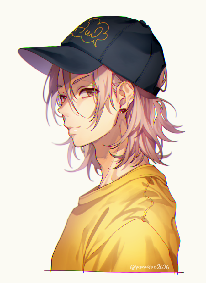 1boy baseball_cap black_headwear brown_eyes brown_hair closed_mouth earrings from_side hair_between_eyes hat jewelry kokuhaku_jikkou_iinkai light_smile male_focus print_headwear shibasaki_ken shirt shoes simple_background sneakers solo t-shirt upper_body white_background yamako_(state_of_children) yellow_shirt