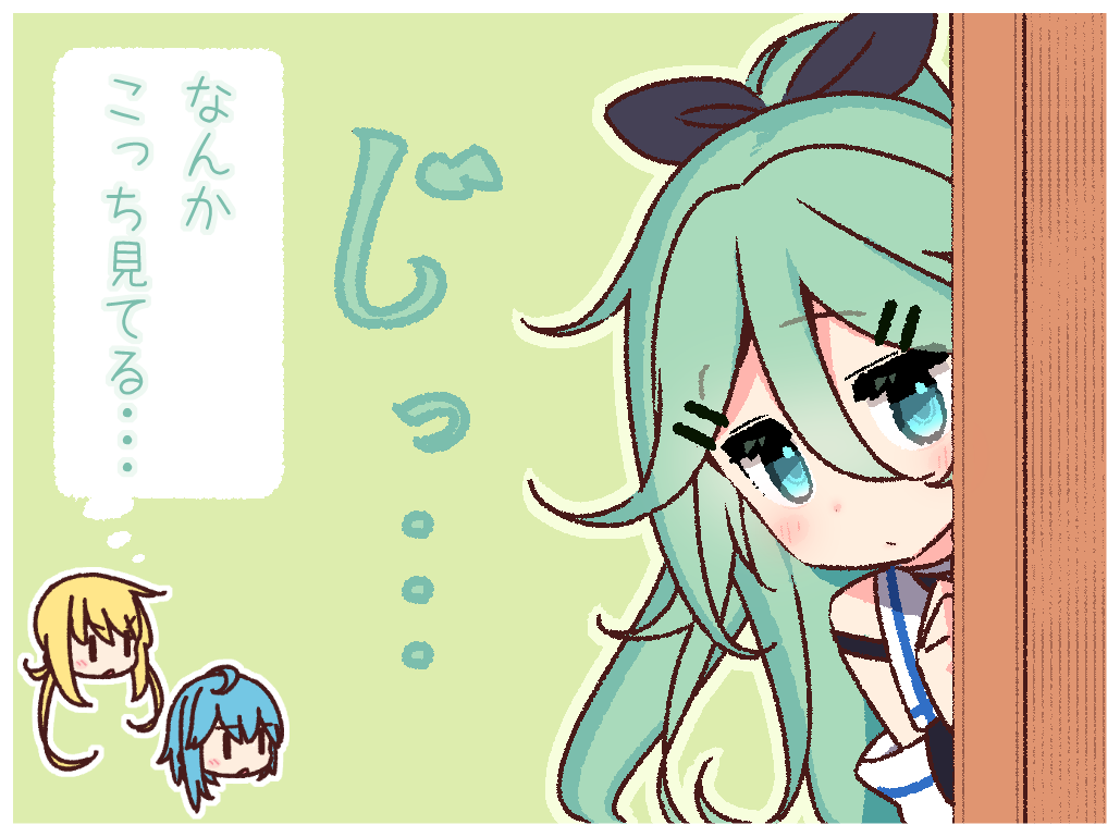 3girls aqua_eyes blonde_hair blue_hair chibi green_background green_hair hair_clippers kantai_collection long_hair minazuki_(kantai_collection) multiple_girls satsuki_(kantai_collection) staring translation_request yamakaze_(kantai_collection) yoru_nai