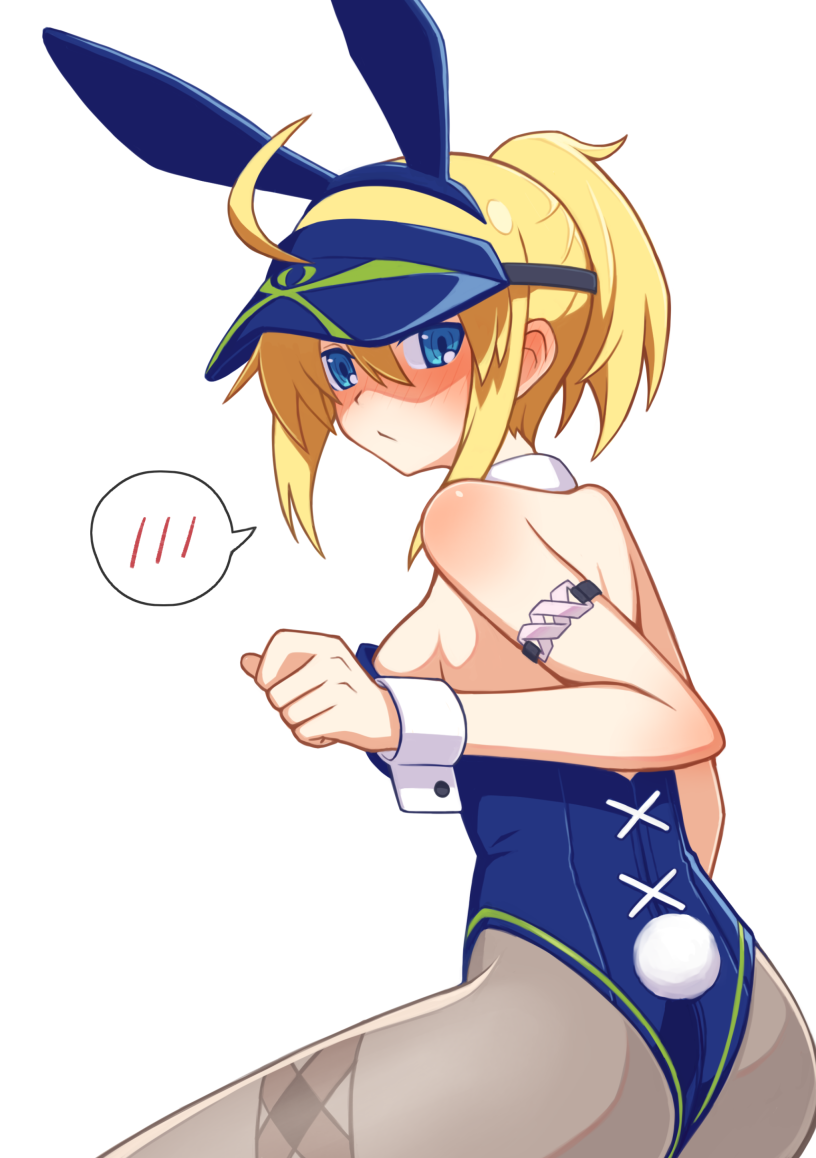 1girl ahoge animal_ears artoria_pendragon_(all) back bangs blonde_hair blue_eyes blue_headwear blue_leotard blush breasts bunny_tail bunnysuit detached_collar fake_animal_ears fate/grand_order fate_(series) grey_legwear hair_between_eyes hair_through_headwear hibun_tsukasa highleg highleg_leotard large_breasts leotard long_hair looking_at_viewer looking_back mysterious_heroine_xx_(foreigner) pantyhose ponytail rabbit_ears sidelocks simple_background spoken_blush tail visor_cap white_background wrist_cuffs