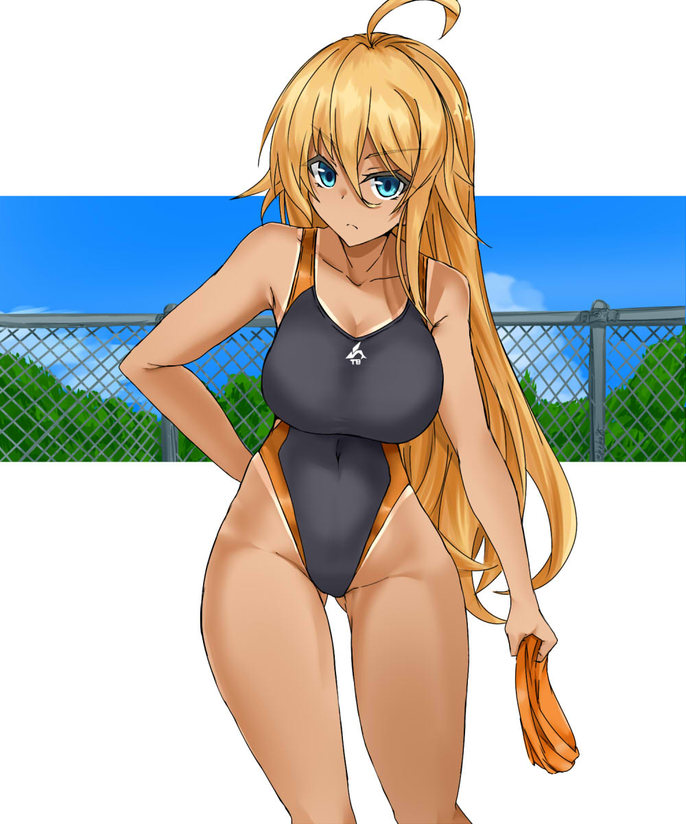 1girl ahoge ass_visible_through_thighs black_swimsuit blonde_hair blue_eyes blue_sky breasts chain-link_fence clouds collarbone commentary_request competition_swimsuit cowboy_shot eyebrows_visible_through_hair fence highleg highleg_swimsuit highres kurokage leaning_forward long_hair looking_at_viewer medium_breasts one-piece_swimsuit one-piece_tan original sky solo swimsuit tan tanline