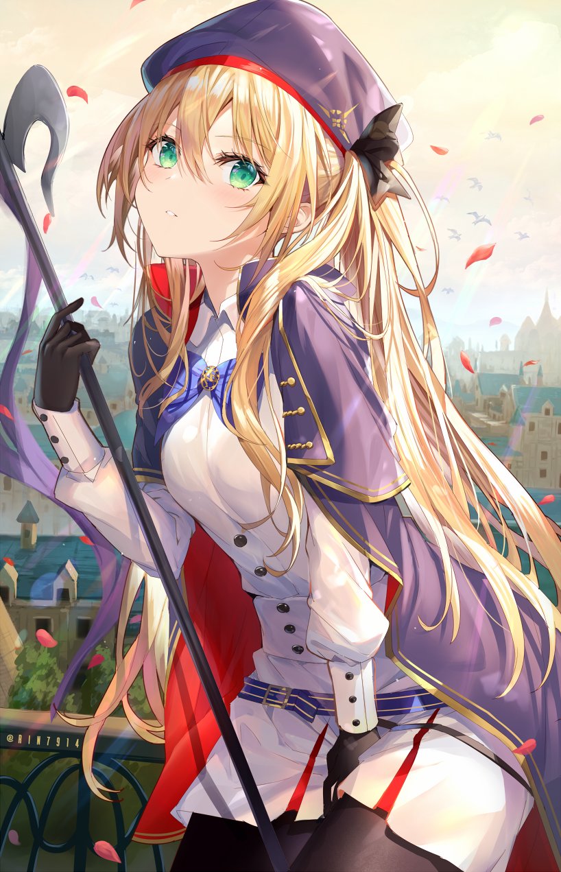 1girl artoria_pendragon_(all) artoria_pendragon_(caster) bangs belt beret black_gloves black_legwear blonde_hair blue_belt blue_cape blue_headwear blush breasts brooch buttons cape double-breasted fate/grand_order fate_(series) gloves green_eyes hat highres holding holding_staff jewelry lens_flare long_hair long_sleeves looking_at_viewer multicolored multicolored_cape multicolored_clothes o-ring_belt pantyhose petals rin_yuu small_breasts staff striped_belt thighs twintails