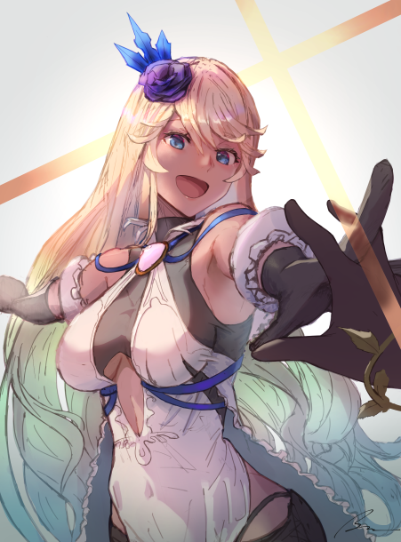 2girls alternate_breast_size alternate_hairstyle bangs bare_shoulders blonde_hair blue_eyes bon_mushi breasts dark_skin female_pov g-string granblue_fantasy holding_hands interlocked_fingers io_euclase large_breasts multicolored_hair multiple_girls older open_mouth outstretched_arm pov rainbow_hair rosetta_(granblue_fantasy) sidelocks smile solo_focus thong underboob_cutout