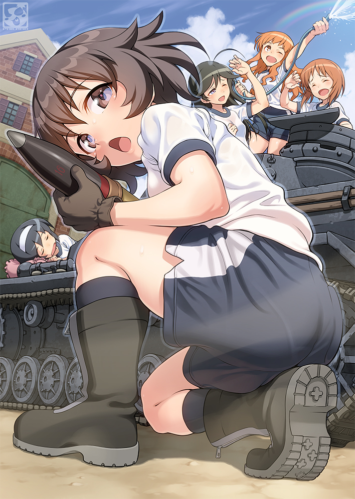 5girls :d ;d ahoge akiyama_yukari artist_logo artist_name bangs black_eyes black_footwear black_gloves black_hair black_legwear black_shorts blunt_bangs boots brown_eyes brown_hair building combat_boots commentary_request day girls_und_panzer gloves ground_vehicle gym_shirt gym_shorts gym_uniform hairband holding holding_hose hose isuzu_hana laughing long_hair looking_at_another looking_at_viewer looking_back lying messy_hair military military_vehicle motor_vehicle multiple_girls nishizumi_miho on_side one_eye_closed one_knee open_mouth orange_eyes orange_hair outdoors pairan pantylines panzerkampfwagen_iv reizei_mako shadow shirt short_hair short_sleeves shorts single_vertical_stripe sleeping smile socks standing sweat takebe_saori tank tank_top white_hairband white_shirt zipper