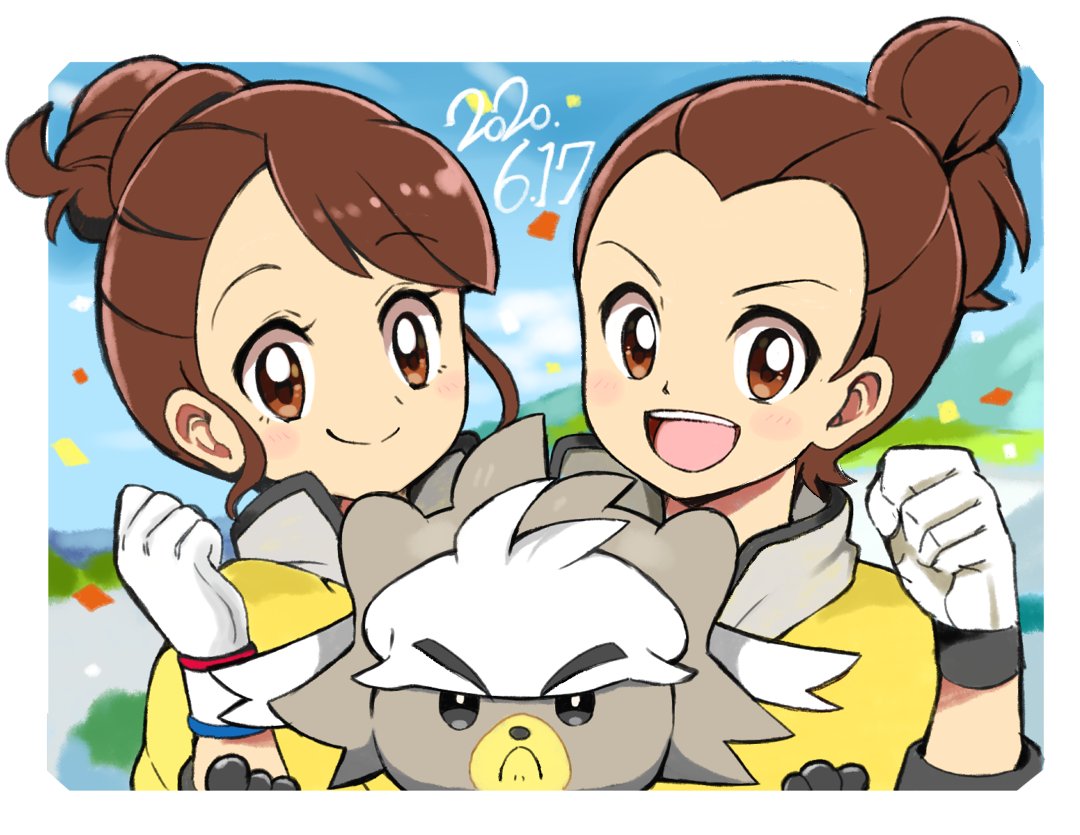 1boy 1girl blush brown_eyes brown_hair closed_mouth clouds commentary_request cu-sith dated day dynamax_band eyelashes gen_8_pokemon gloria_(pokemon) gloves hair_bun hand_up kubfu legendary_pokemon looking_at_viewer open_mouth pokemon pokemon_(creature) pokemon_(game) pokemon_swsh sky smile teeth tongue victor_(pokemon) white_gloves