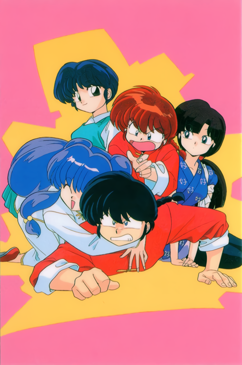 1980s_(style) 1boy 4girls angry black_hair blue_hair braid brown_hair closed_eyes dual_persona genderswap genderswap_(mtf) grin hug kuonji_ukyou long_hair multiple_girls official_art oldschool open_mouth purple_hair ranma-chan ranma_1/2 redhead saotome_ranma shampoo_(ranma_1/2) short_hair single_braid smile tendou_akane