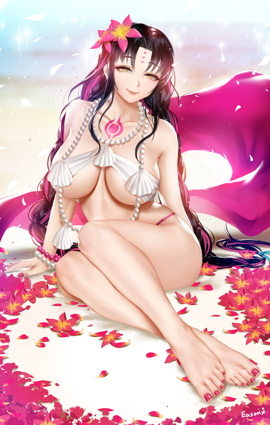 1girl barefoot bead_necklace beads bikini bracelet braid breasts chest_tattoo easonx fate/grand_order fate_(series) feet flower hair_flower hair_ornament hat highres jewelry multicolored_hair necklace peaked_cap pearl_(gemstone) pearl_bracelet pearl_necklace pink_bikini pink_neckwear pink_sarong ponytail seashell sesshouin_kiara sesshouin_kiara_(swimsuit_mooncancer)_(fate) shell streaked_hair swimsuit tattoo toenail_polish twin_braids veil white_bikini