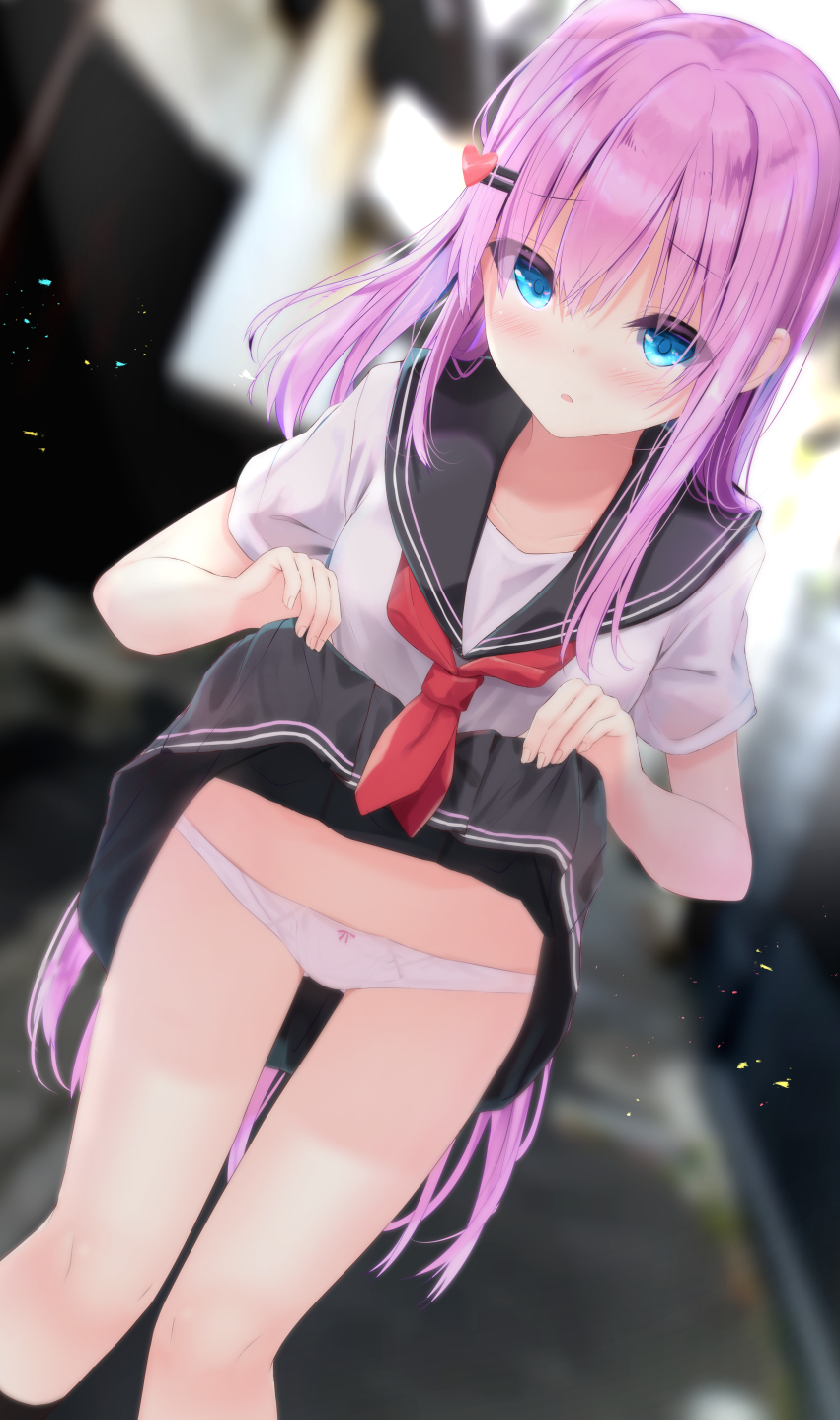 1girl bangs black_legwear black_sailor_collar black_skirt blue_eyes blurry blurry_background blush bow bow_panties commentary_request depth_of_field dutch_angle eyebrows_visible_through_hair hair_between_eyes hair_ornament hairclip heart heart_hair_ornament highres kouda_suzu lifted_by_self long_hair looking_at_viewer neckerchief nose_blush one_side_up original panties parted_lips pink_hair pleated_skirt red_neckwear sailor_collar school_uniform serafuku shirt short_sleeves skirt skirt_lift socks solo standing underwear very_long_hair white_panties white_shirt