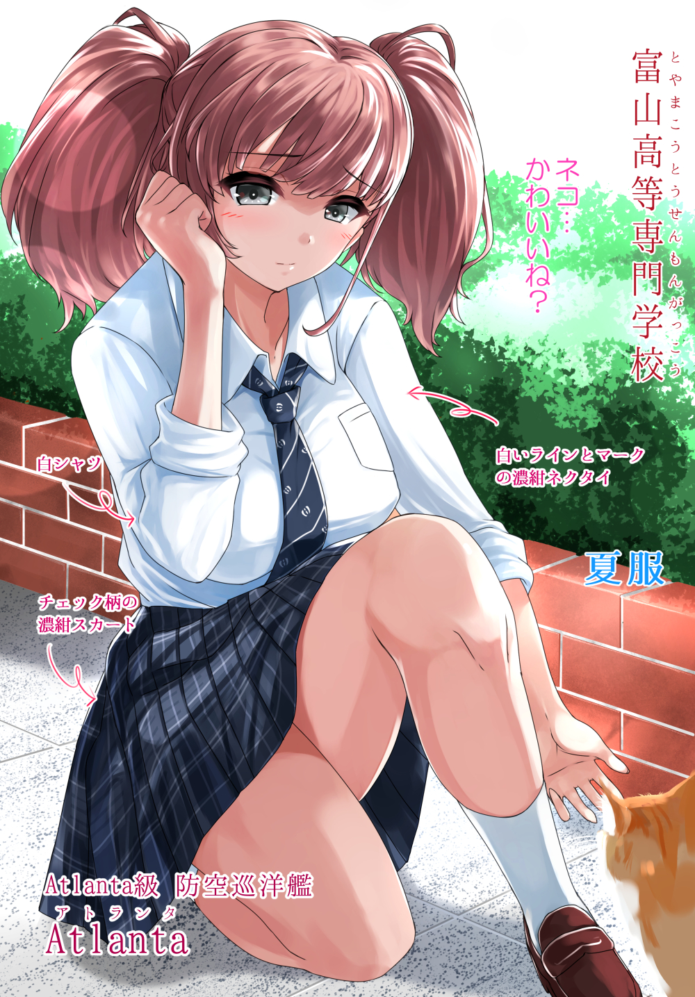 1girl alternate_costume atlanta_(kantai_collection) blue_neckwear blue_skirt breast_pocket breasts brown_footwear brown_hair cat collared_shirt commentary_request grey_eyes highres kantai_collection large_breasts loafers long_hair long_sleeves necktie nukoyarou one_knee outdoors plaid plaid_skirt pocket school_uniform shirt shoes skirt sleeves_rolled_up socks solo translation_request two_side_up white_legwear white_shirt