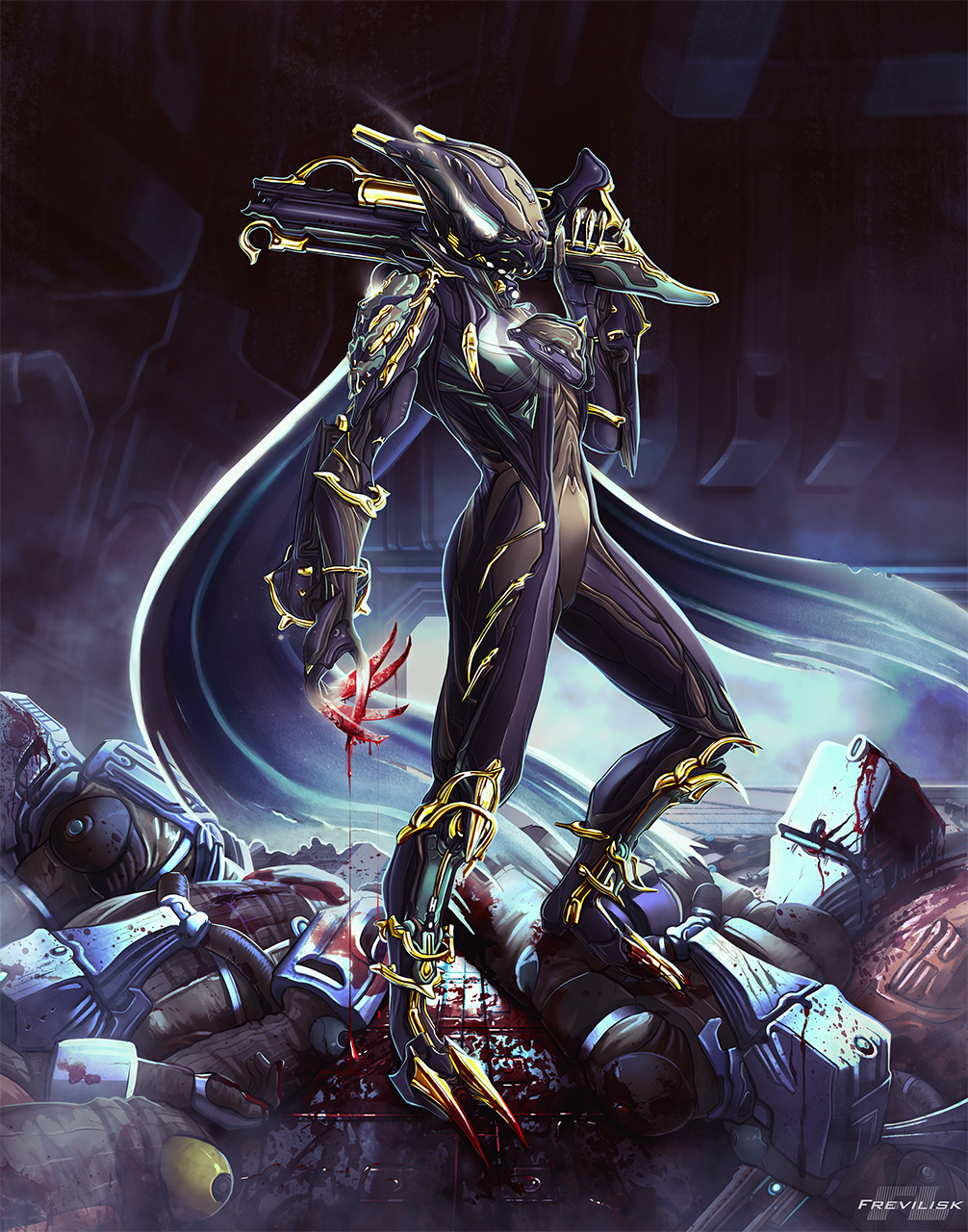 1girl after_battle android artist_name blood blood_splatter bloody_hands cape claws commentary commission corpse english_commentary faceless frevilisk full_body gun highres holding holding_gun holding_weapon joints rifle robot_joints solo_focus talons valkyr_(warframe) warframe weapon