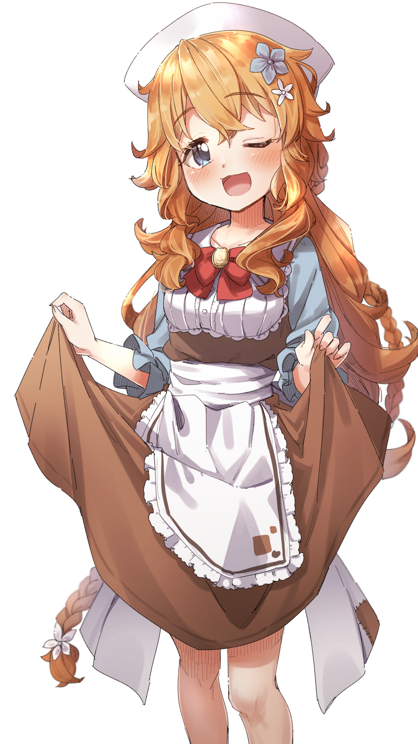 1girl ;d apron bangs blue_eyes blue_flower blush bow braid breasts brown_hair brown_skirt collared_shirt eyebrows_visible_through_hair flower frilled_apron frills hair_between_eyes hair_flower hair_ornament hat highres lifted_by_self long_hair looking_at_viewer nijisanji one_eye_closed open_mouth otogibara_era red_bow shirt simple_background skirt skirt_lift small_breasts smile solo two-tone_background very_long_hair virtual_youtuber white_apron white_background white_flower white_headwear white_shirt yukie_(kusaka_shi)