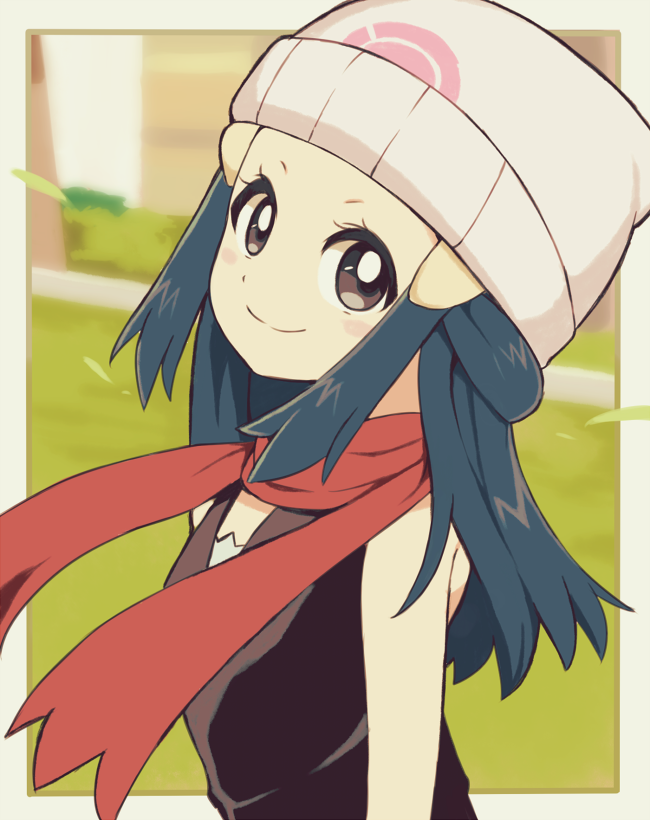 1girl bare_arms beanie closed_mouth commentary_request cu-sith hikari_(pokemon) eyelashes grey_eyes hair_ornament hairclip hat leaves_in_wind long_hair looking_at_viewer pokemon pokemon_(game) pokemon_dppt red_scarf scarf sidelocks sleeveless smile solo white_headwear