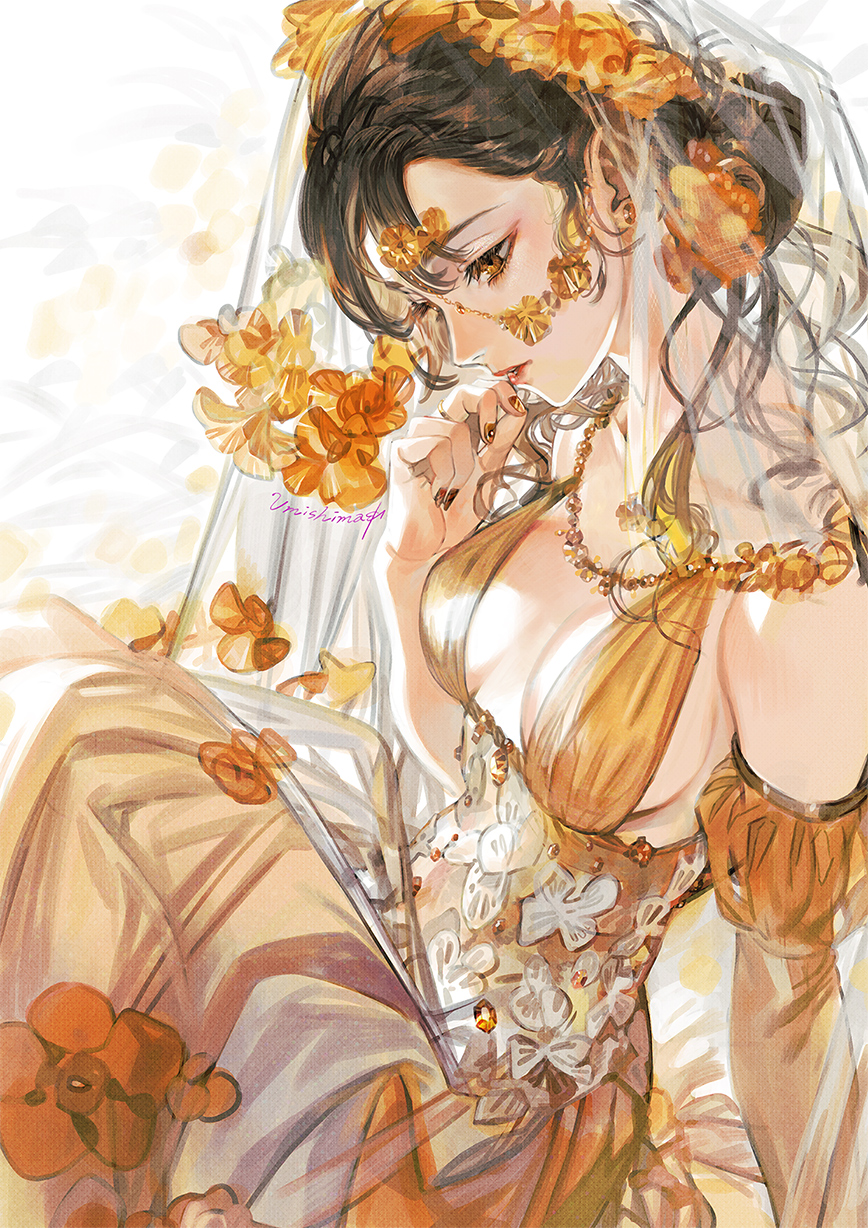 1girl bangs bare_shoulders black_hair breasts brown_eyes earrings eyebrows fingernails flower highres jewelry lipstick makeup nail_polish original parted_lips solo umishima_senbon veil