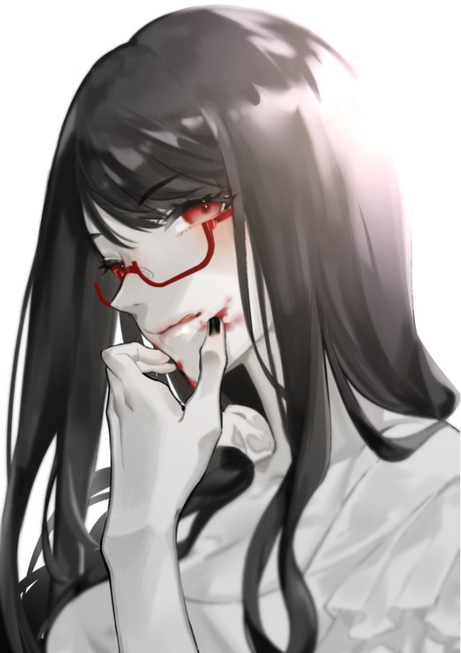 1girl :q bad_id bad_twitter_id black_hair blood blood_on_face blush breasts copyright_request dress eyebrows_visible_through_hair glasses hand_up large_breasts long_hair looking_at_viewer neko_(ganecooo) red-framed_eyewear red_eyes semi-rimless_eyewear shiny shiny_hair simple_background smile solo tongue tongue_out under-rim_eyewear upper_body white_background white_dress white_skin