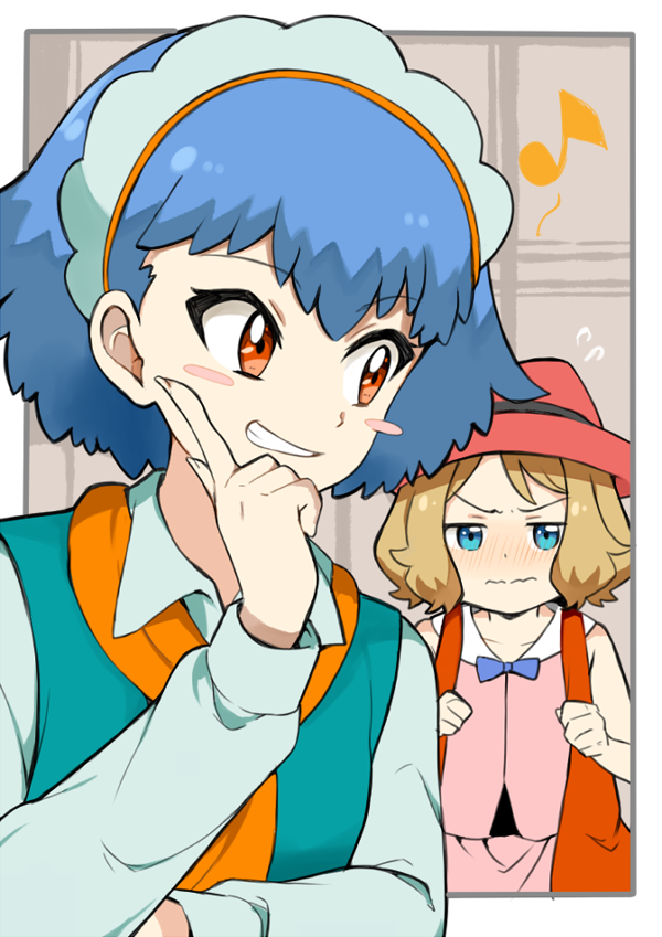 2girls bangs blue_eyes blue_hair blush blush_stickers clenched_hands commentary_request cu-sith eyebrows_visible_through_hair fingernails flying_sweatdrops green_shirt hand_up hat light_brown_hair long_sleeves looking_back miette_(pokemon) multiple_girls musical_note pokemon pokemon_(anime) pokemon_xy_(anime) red_eyes red_headwear ribbon serena_(pokemon) shirt short_hair smile teeth upper_body wavy_mouth