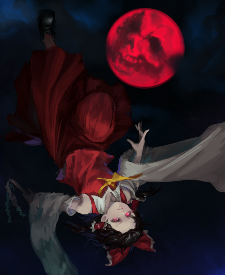 1girl black_footwear black_hair detached_sleeves full_moon glowing glowing_eyes gohei hair_tubes hakurei_reimu holding inishie_kumo japanese_clothes long_sleeves looking_at_viewer miko moon necktie parted_lips red_eyes red_moon red_skirt red_vest shoes skirt skull solo touhou upside-down vest yellow_neckwear