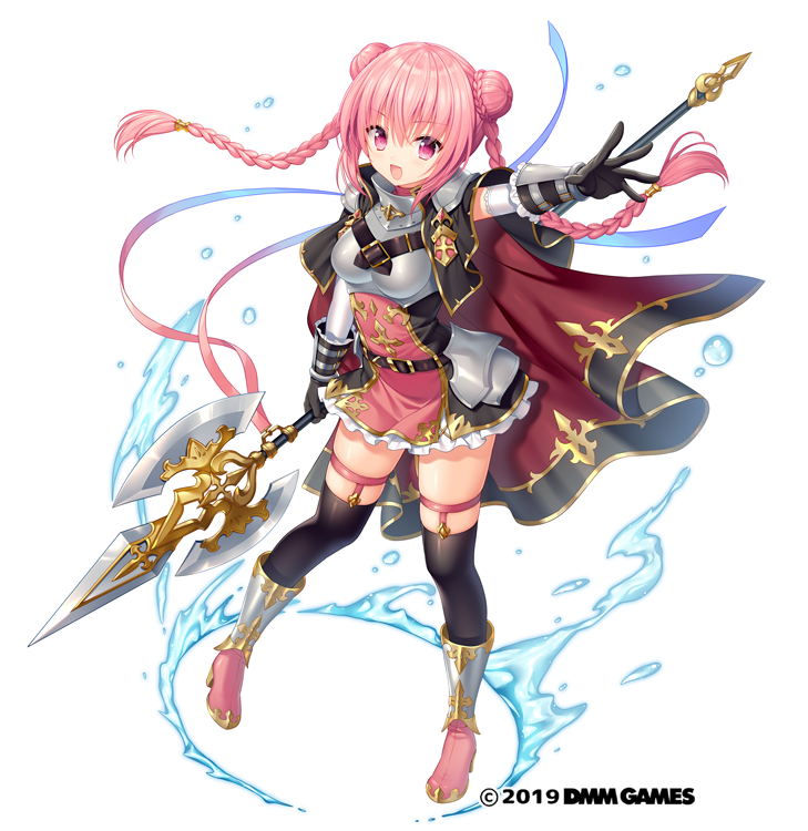 1girl bangs belt boots braid breasts capelet commentary_request eyebrows_visible_through_hair full_body gemini_seed gloves halberd holding holding_weapon long_hair looking_at_viewer official_art open_mouth outstretched_arm pink_eyes pink_hair polearm sakura_neko simple_background solo thigh-highs water_drop watermark weapon white_background
