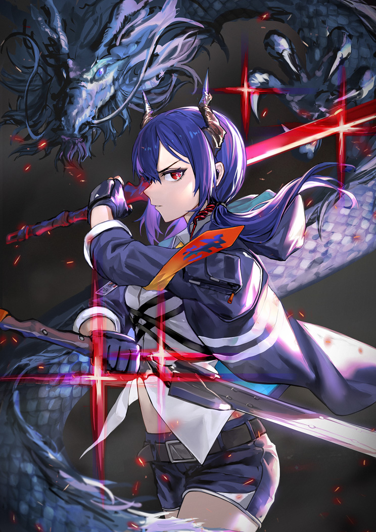 1girl arknights bangs belt black_belt blue_hair blue_jacket blue_shorts ch'en_(arknights) chi_xiao_(arknights) commentary_request cowboy_shot dragon dragon_horns dual_wielding eastern_dragon holding holding_sword holding_weapon horns jacket long_hair long_sleeves looking_at_viewer open_clothes open_jacket red_eyes shirt short_shorts shorts solo sword weapon white_shirt wujin