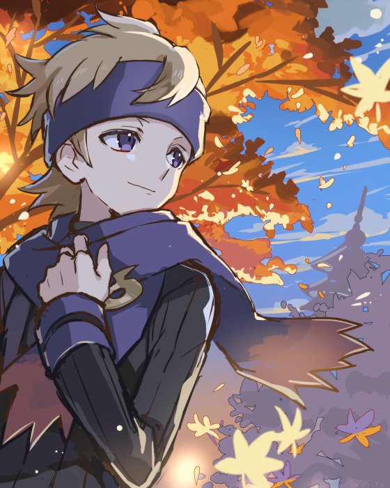 1boy blonde_hair closed_mouth clouds commentary day hand_up headband light_smile long_sleeves looking_to_the_side morty_(pokemon) outdoors pokemon pokemon_(game) pokemon_hgss scarf silhouette sky solo tpi_ri tree violet_eyes