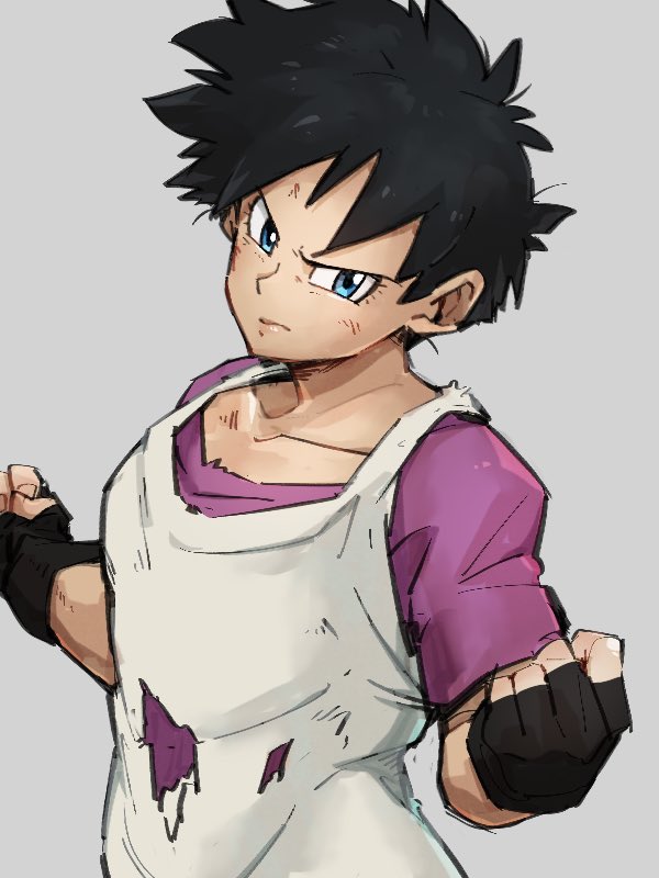 1girl black_gloves black_hair blue_eyes clenched_hands closed_mouth dragon_ball dragon_ball_z fingerless_gloves gloves grey_background kemachiku looking_at_viewer short_hair simple_background solo torn_clothes videl