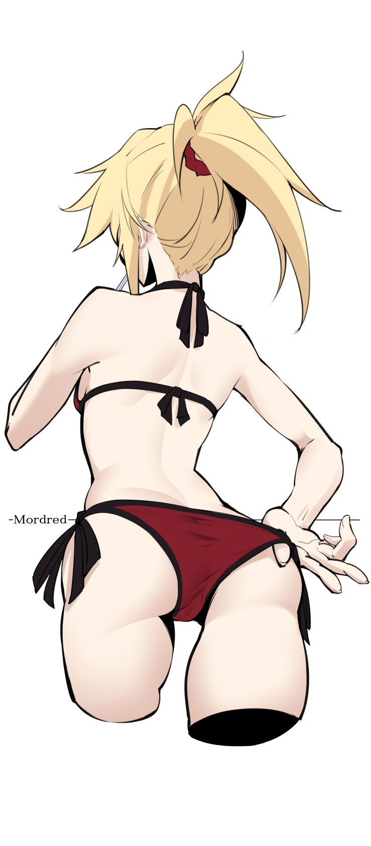 1girl adjusting_clothes adjusting_swimsuit ass bikini blonde_hair character_name cropped_legs fate/grand_order fate_(series) from_behind hair_ornament hair_scrunchie halterneck highres mordred_(fate) mordred_(fate)_(all) mordred_(swimsuit_rider)_(fate) ponytail red_bikini red_scrunchie scrunchie side-tie_bikini solo string_bikini swimsuit takatun223 thighs white_background