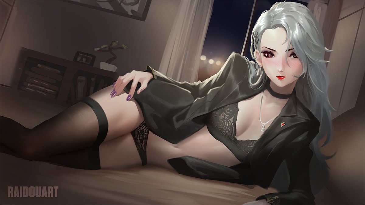 1girl bed black_bra black_legwear black_panties bra curtains jacket lace lace-trimmed_bra lace-trimmed_panties looking_at_viewer lying nail_polish necktie night niijima_sae on_side panties persona persona_5 purple_nails raidouart silver_hair solo thigh-highs underwear window