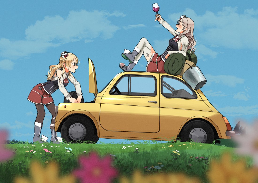 2girls alcohol annin_musou ascot backpack bag black_legwear blonde_hair blue_flower blush brown_hair bucket car closed_eyes commentary_request corset cup day drinking_glass drunk flower grass ground_vehicle hat holding holding_cup kantai_collection long_hair long_sleeves mini_hat motor_vehicle multiple_girls open_mouth pink_flower pleated_skirt pola_(kantai_collection) red_neckwear red_skirt shirt skirt thigh-highs wavy_hair white_flower white_headwear white_legwear white_shirt wine wine_glass yellow_flower zara_(kantai_collection)