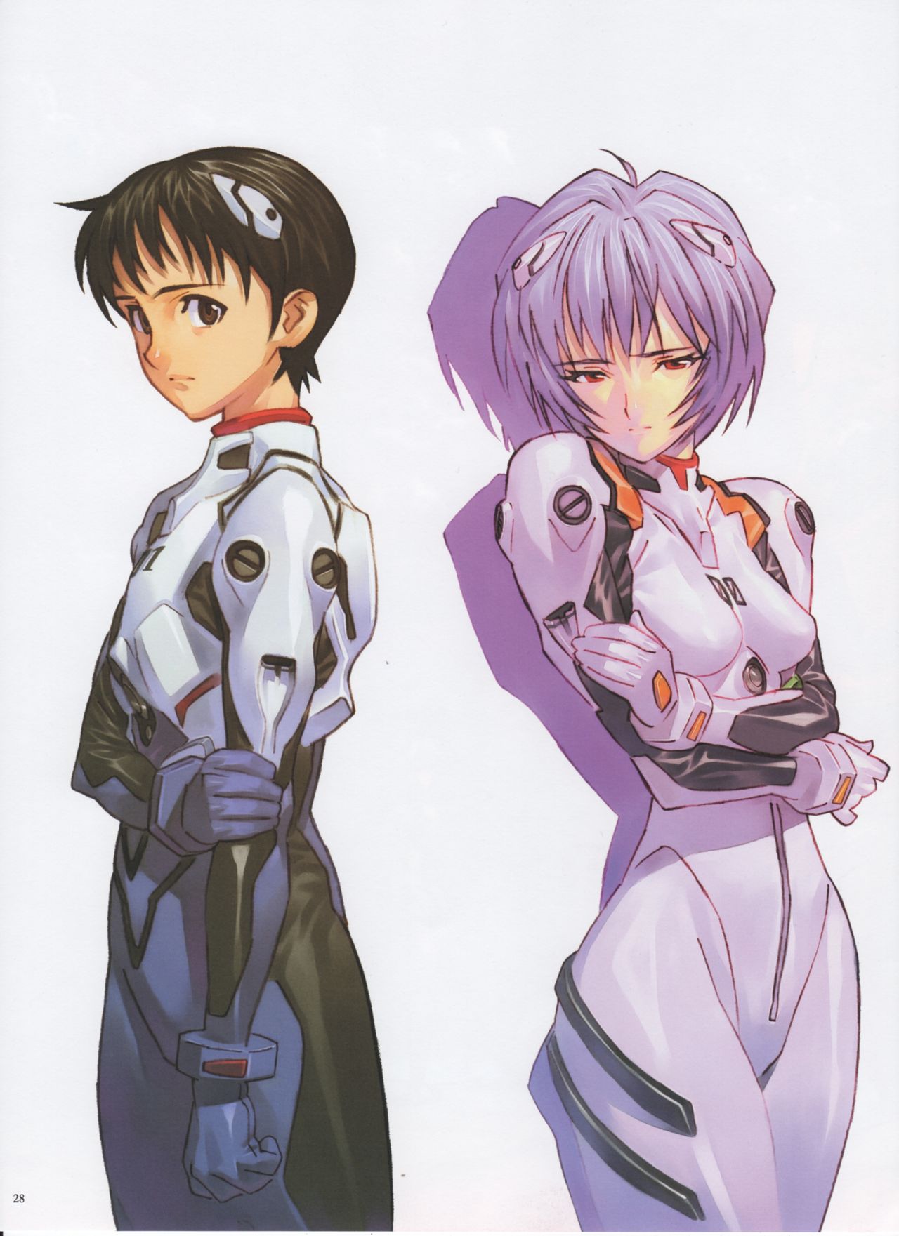 1boy 1girl ayanami_rei black_hair blue_hair brown_eyes gainax highres ikari_shinji interface_headset medium_hair neon_genesis_evangelion official_art plugsuit red_eyes scan short_hair traditional_media yoshinari_you