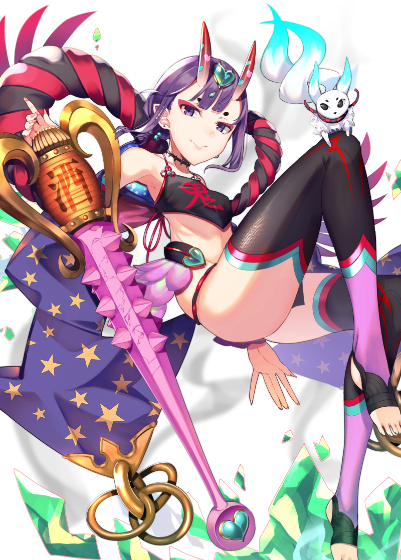 1girl animal armpits bangs bare_shoulders black_fundoshi black_legwear blush breasts chinese_clothes choker closed_mouth club collarbone crystal detached_sleeves dudou earrings eyeliner fate/grand_order fate_(series) feet horns jewelry kouda_hayato_(e-gis) legs makeup oni oni_horns pointy_ears purple_hair shawl short_hair shuten_douji_(fate/grand_order) shuten_douji_(halloween_caster)_(fate) skin-covered_horns small_breasts smile spiked_club star_(symbol) star_print toeless_legwear violet_eyes weapon white_background