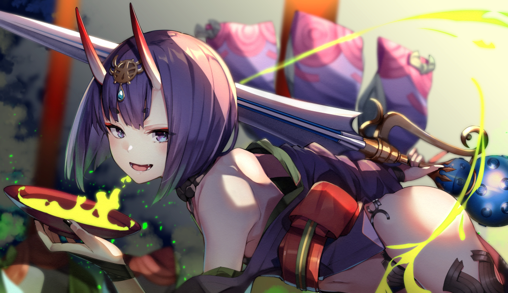 1girl bangs bare_shoulders blush bob_cut breasts bridal_gauntlets cup eyeliner fangs fate/grand_order fate_(series) headpiece horns japanese_clothes kimono kouda_hayato_(e-gis) long_sleeves looking_at_viewer makeup obi off_shoulder oni oni_horns open_mouth purple_hair purple_kimono revealing_clothes sakazuki sash short_hair shuten_douji_(fate/grand_order) skin-covered_horns small_breasts smile sword thighs violet_eyes weapon wide_sleeves