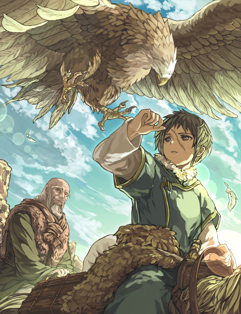 2boys animal arm_up bad_id bad_pixiv_id bird black_eyes black_hair blue_sky chinese_clothes claws closed_mouth clouds cloudy_sky commentary_request day facial_hair falcon feathers fur fur_collar fur_trim green_robe harusame_(rueken) horse horseback_riding layered_sleeves lens_flare long_sleeves looking_at_animal multiple_boys old old_man outdoors parted_lips pelt reins riding ringed_eyes robe saddle scar scar_on_face shirt short_hair short_over_long_sleeves short_sleeves shut_hell sky sunlight white_shirt yaralt yurul