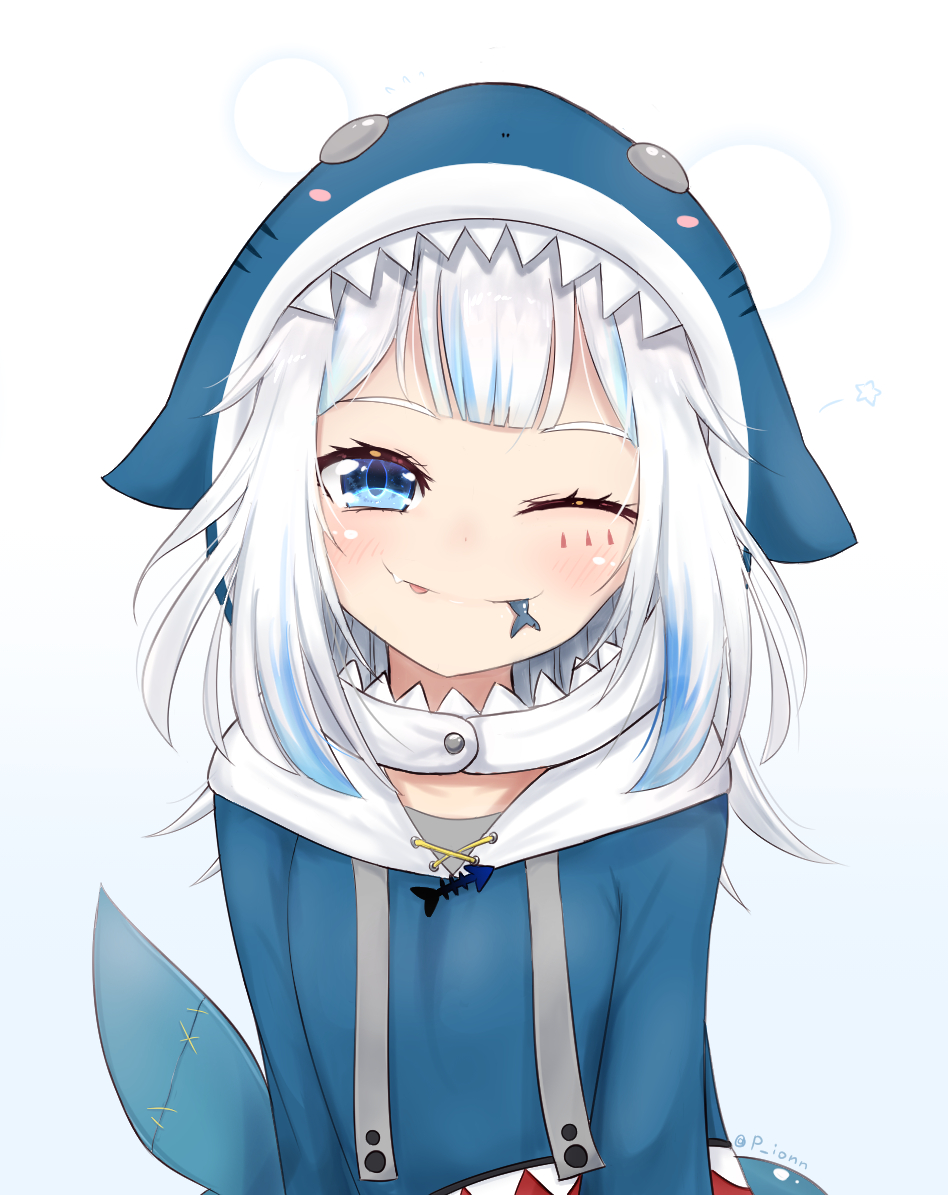 1girl :p animal bangs bloop_(gawr_gura) blue_eyes blue_hair blue_hoodie bubble drawstring eating english_commentary fang fang_out fish_bone flipped_hair gawr_gura hololive hololive_english hood hood_up long_hair long_sleeves looking_at_viewer mouth_hold multicolored_hair p_ion shark shark_hood shark_tail smile streaked_hair tail tongue tongue_out two-tone_hair upper_body virtual_youtuber white_background white_hair