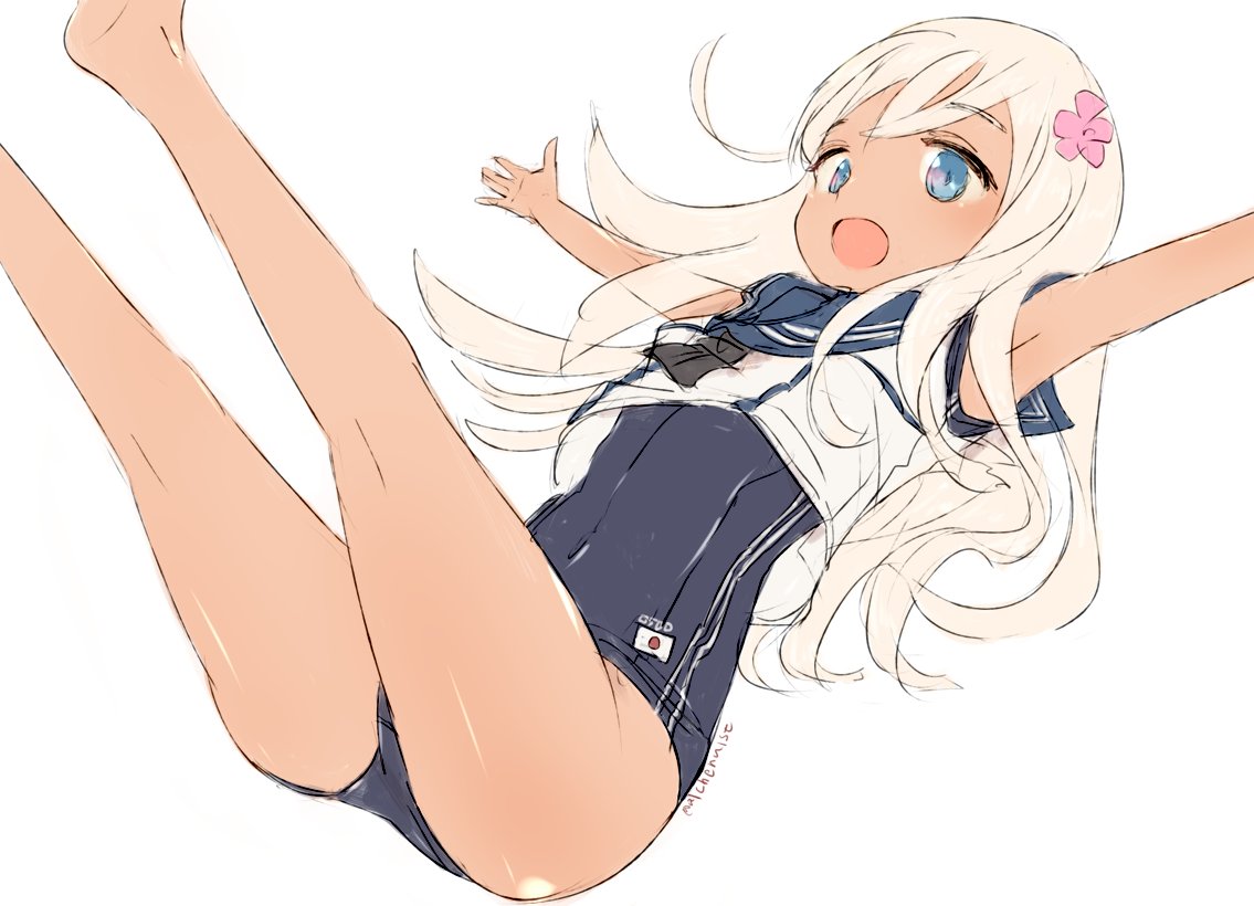 1girl alchera black_neckwear black_sailor_collar black_swimsuit blonde_hair blue_eyes commentary_request cowboy_shot crop_top falling kantai_collection one-piece_tan open_mouth outstretched_arms ro-500_(kantai_collection) sailor_collar school_swimsuit simple_background smile solo swimsuit swimsuit_under_clothes tan tanline white_background