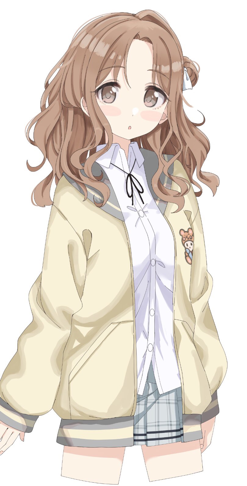 1girl :o black_ribbon blush_stickers bow breasts brown_eyes brown_hair collared_shirt commentary_request cropped_legs dress_shirt grey_sailor_collar grey_skirt hair_bow hair_bun highres ichikawa_hinana idolmaster idolmaster_shiny_colors jacket long_hair long_sleeves looking_at_viewer neck_ribbon open_clothes open_jacket parted_lips plaid plaid_skirt pleated_skirt ribbon sailor_collar shirt shiwa_(siwaa0419) side_bun simple_background skirt sleeves_past_wrists small_breasts solo white_background white_bow white_shirt yellow_jacket