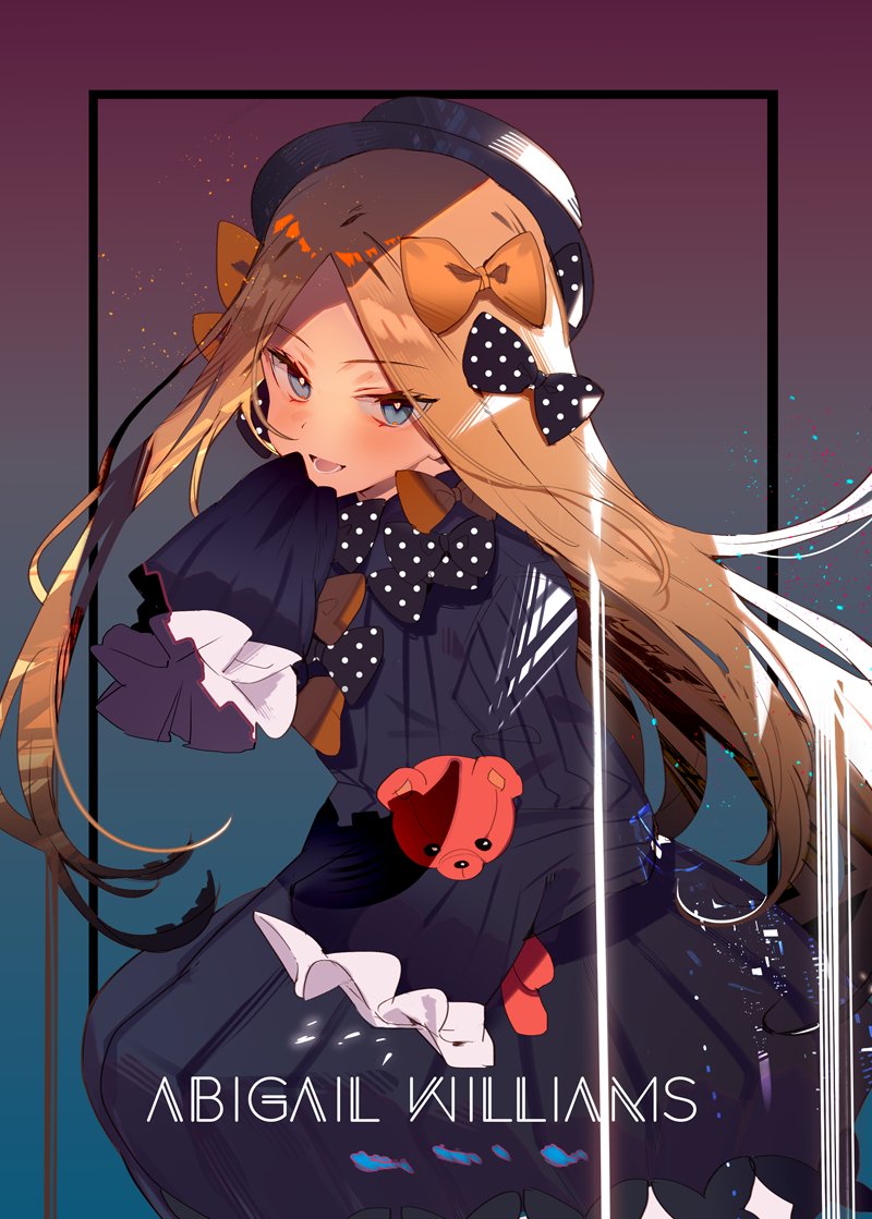1girl abigail_williams_(fate/grand_order) bangs black_bow black_dress black_headwear blonde_hair blue_eyes blush bow breasts character_name dress forehead long_hair long_sleeves looking_at_viewer multiple_bows open_mouth orange_bow parted_bangs polka_dot polka_dot_bow sleeves_past_fingers sleeves_past_wrists small_breasts smile soukou_makura stuffed_animal stuffed_toy teddy_bear