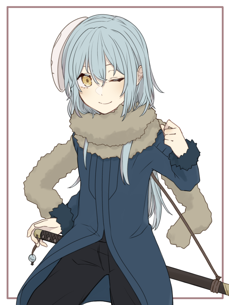 1other androgynous bangs blue_hair closed_mouth fu_ku1_437 fur fur-trimmed_sleeves fur_collar fur_trim hair_between_eyes katana long_hair looking_at_viewer mask mask_on_head one_eye_closed rimuru_tempest scarf sheath simple_background smile solo sword tensei_shitara_slime_datta_ken weapon yellow_eyes