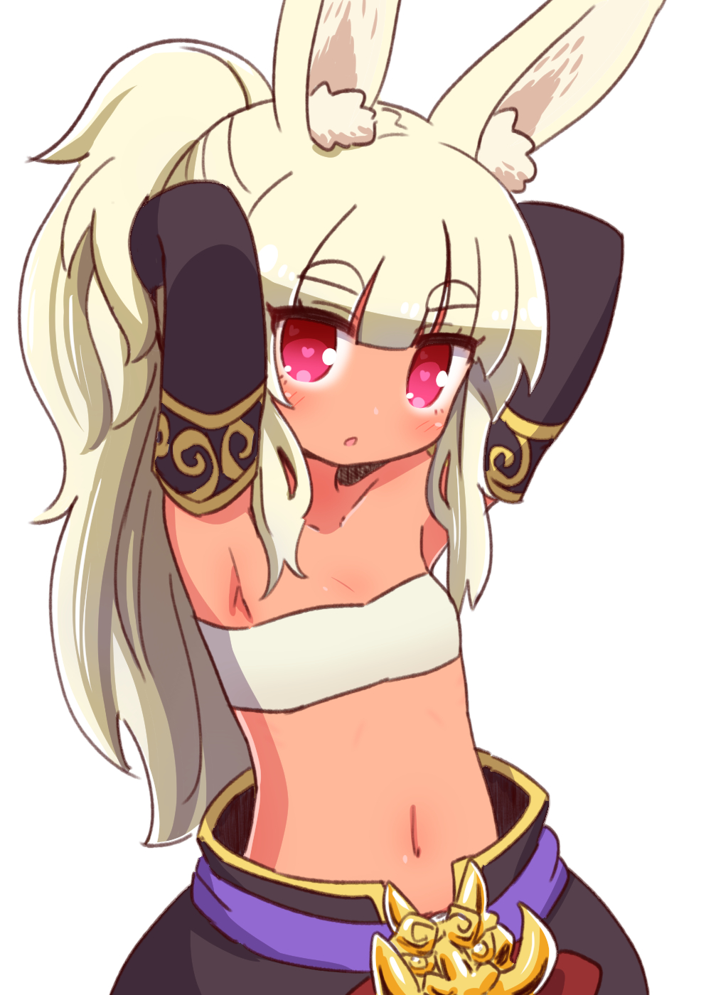 1girl :o animal_ear_fluff animal_ears armpits arms_up bandeau bangs bare_shoulders black_pants black_sleeves blonde_hair blush breasts collarbone detached_sleeves eyebrows_visible_through_hair hair_between_eyes heart heart-shaped_pupils highres long_hair long_sleeves looking_at_viewer masurao_(sekaiju) naga_u navel pants parted_lips ponytail rabbit_ears red_eyes sekaiju_no_meikyuu sekaiju_no_meikyuu_5 simple_background small_breasts solo symbol-shaped_pupils tan thick_eyebrows very_long_hair white_background white_bandeau