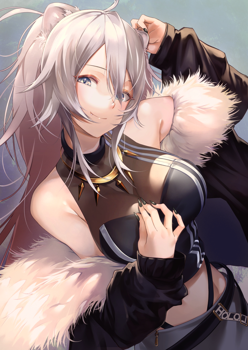 1girl ahoge animal_ears bare_shoulders belt black_belt black_jacket black_nails breasts closed_mouth copyright_name fang fang_out fur-trimmed_jacket fur_trim grey_eyes grey_hair hair_between_eyes head_tilt hololive jacket jewelry kainownill large_breasts lion_ears lion_girl long_hair long_sleeves looking_at_viewer midriff necklace open_clothes open_jacket see-through shishiro_botan smile solo very_long_hair virtual_youtuber